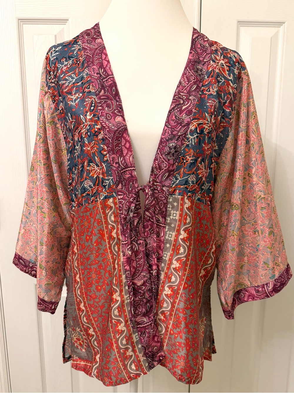 Bunulu Floral Mixed Media Satin Kimono Jacket Cover Up